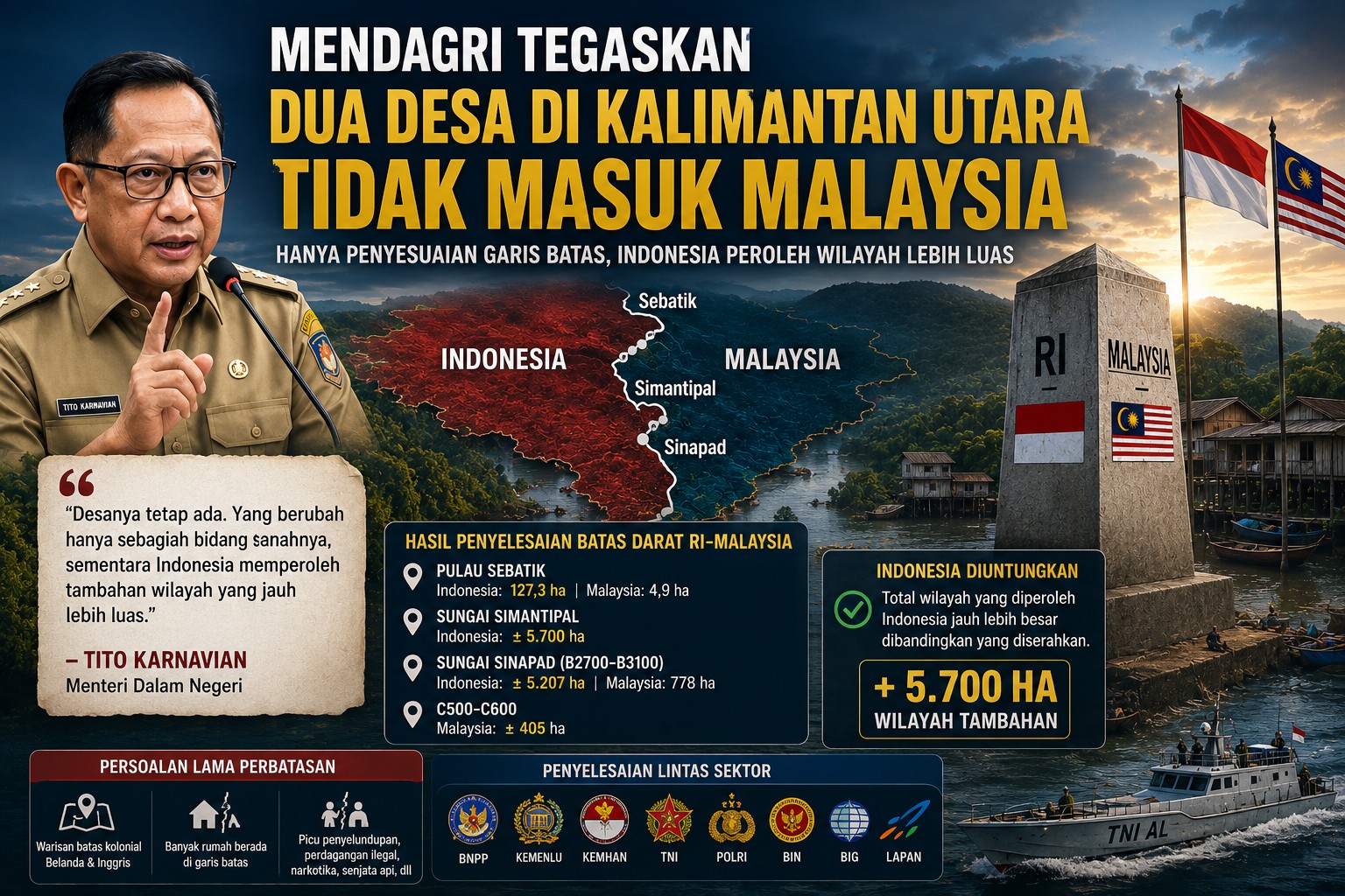 Mendagri Tegaskan Tidak Ada Dua Desa RI yang Beralih ke Malaysia, Hanya Penyesuaian Garis Batas