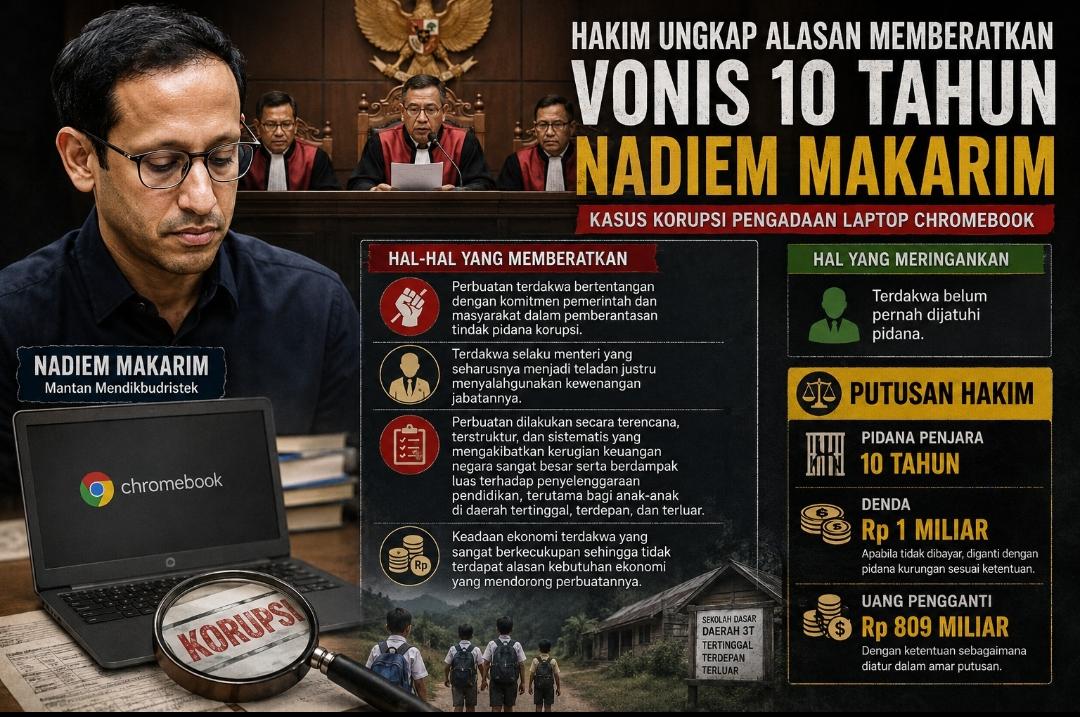 HAKIM NILAI KORUPSI CHROMEBOOK DILAKUKAN SECARA TERENCANA, NADIEM DIVONIS 10 TAHUN PENJARA
